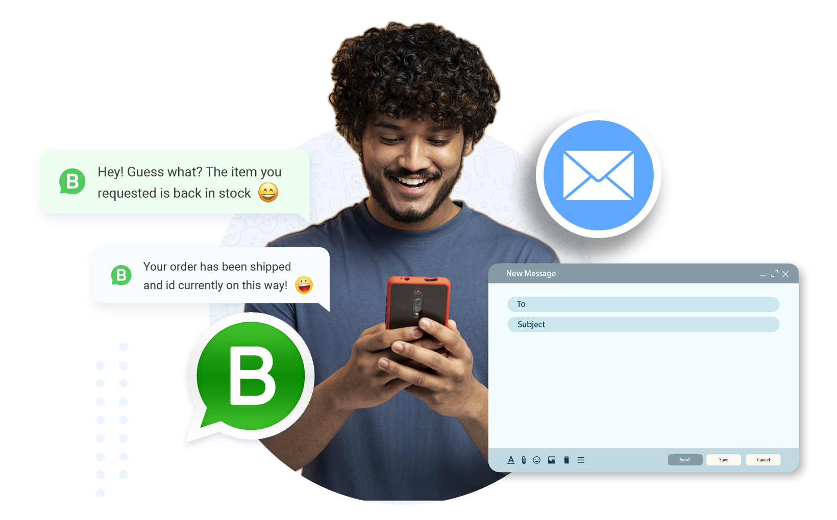A customer smiling at his phone while receiving WhatsApp Business order and stock updates